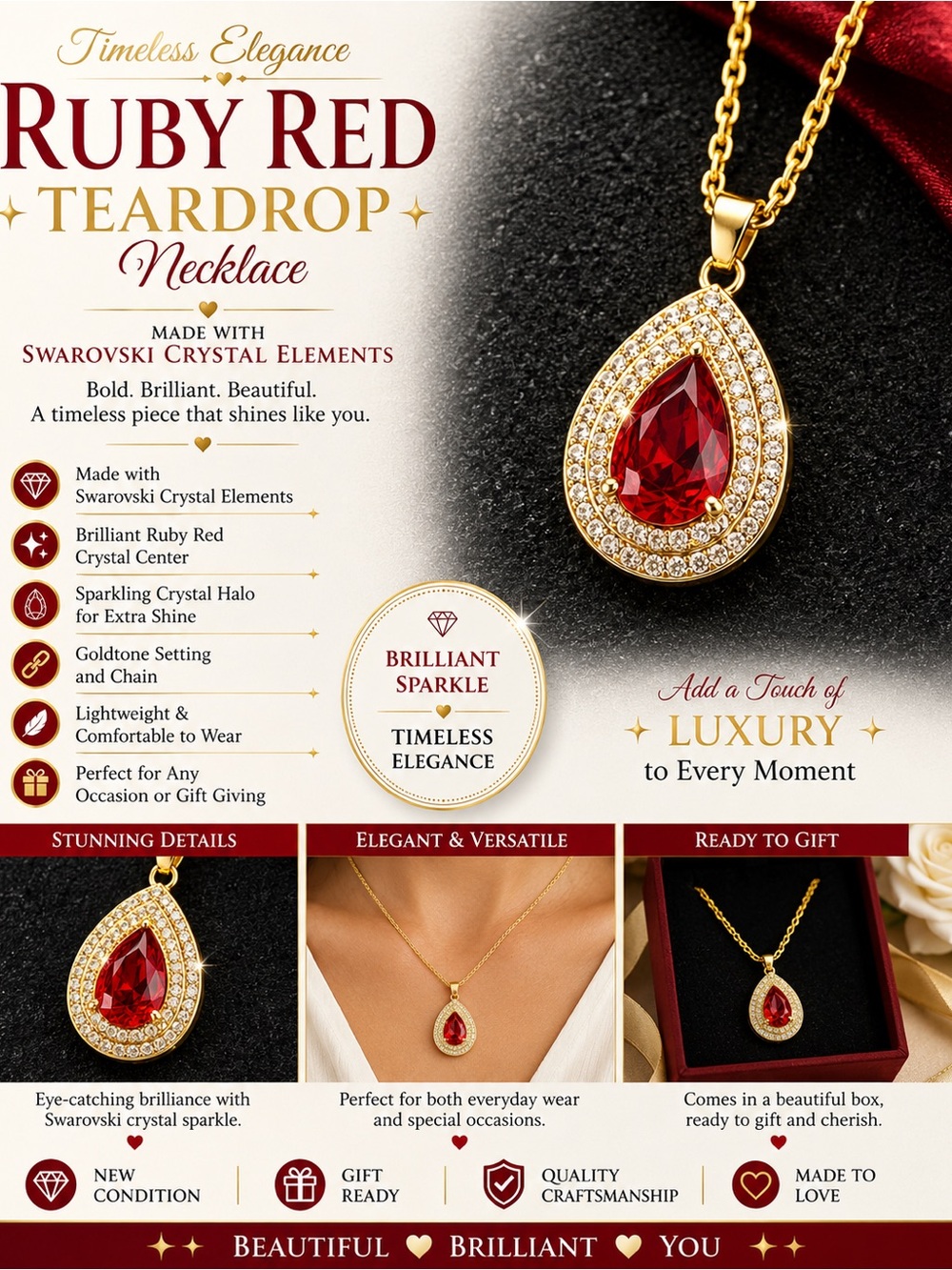 Goldtone Teardrop Pendant Necklace with Ruby Red Crystal Halo